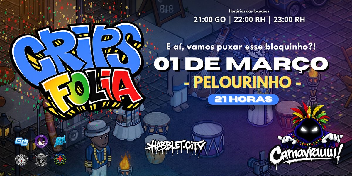 🎊 CRIPS FOLIA 🎊

Diretamente do Pelourinho. Tá confirmado a grande folia no Habblet Hotel!

📅01 de Março

🎉Sua fantasia de carnaval está pronta?🎉

🎭Concurso de fantasias    
💰Sorteio de raros
🎧As melhores músicas 

📍Sala: habblet.city/room/6898485

#CripsFolia #CripsFamily