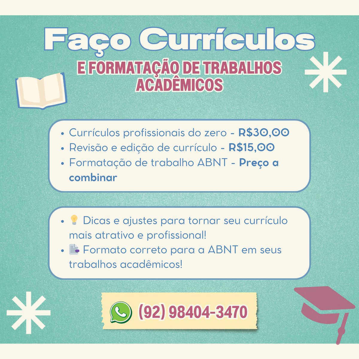 luvdelicate's tweet photo. Faço Trabalhos Acadêmicos e Currículos 📚
- Currículos profissionais do zero - R$30,00
- Revisão e edição de currículo - R$15,00
- Formatação de trabalhos ABNT - Preço a combinar

Contato pelo WhatsApp: (92) 98404-3470

Juliano Clint Lulinha Sandy Lingard #provadolíder Solange #PAREDÃOFALSO #BBB26