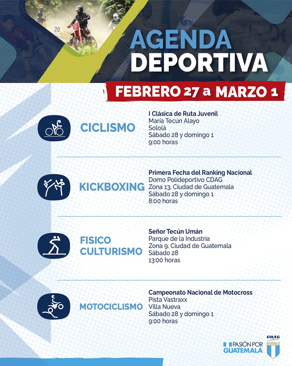 CDAG_Guatemala's tweet image. 📆💙 Nuestra agenda deportiva esta lista para que revises los eventos federados a realizarse este fin de semana. 💪🇬🇹

#Guatemala #Deportes #Atleta #Agenda #AgendaDeportiva
