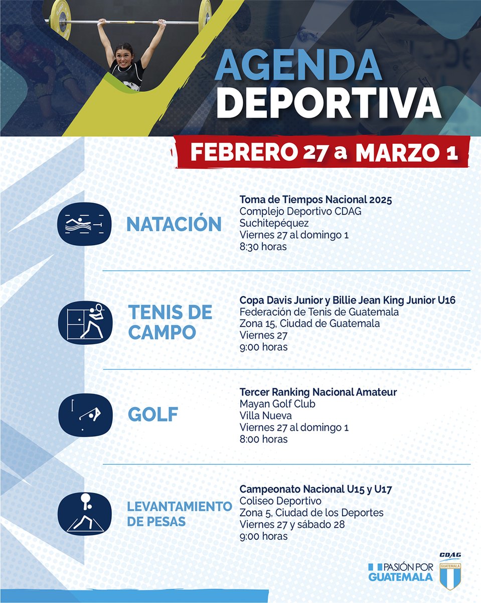 CDAG_Guatemala's tweet image. 📆💙 Nuestra agenda deportiva esta lista para que revises los eventos federados a realizarse este fin de semana. 💪🇬🇹

#Guatemala #Deportes #Atleta #Agenda #AgendaDeportiva