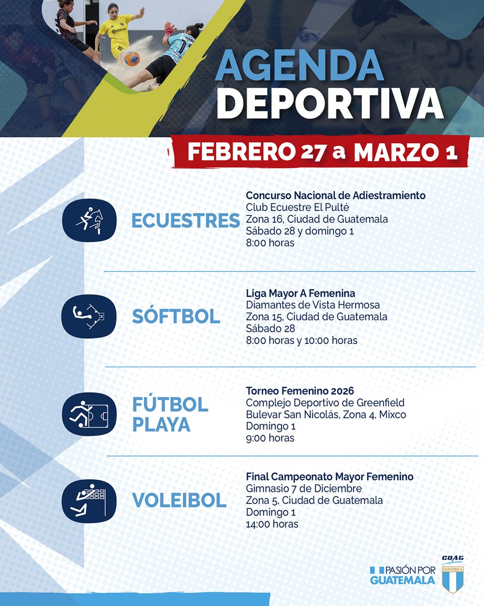 CDAG_Guatemala's tweet image. 📆💙 Nuestra agenda deportiva esta lista para que revises los eventos federados a realizarse este fin de semana. 💪🇬🇹

#Guatemala #Deportes #Atleta #Agenda #AgendaDeportiva