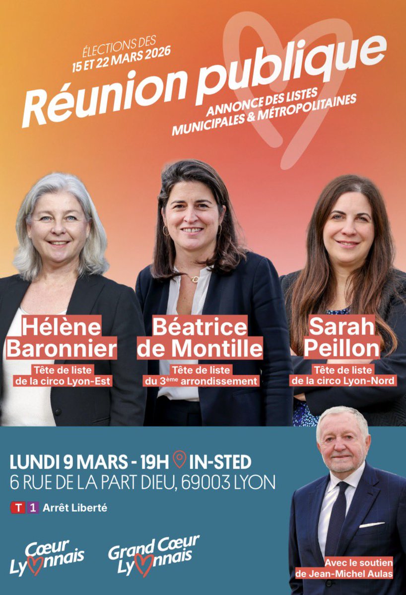 Vous êtes tous cordialement invités à participer à la réunion de présentation des listes d’arrondissement du 3e et métropolitaines Lyon Nord et Lyon Est pour les élections des 15 et 22 mars 2026.

Inscriptions 
👉 forms.gle/zZkpp6btPYv5d5…