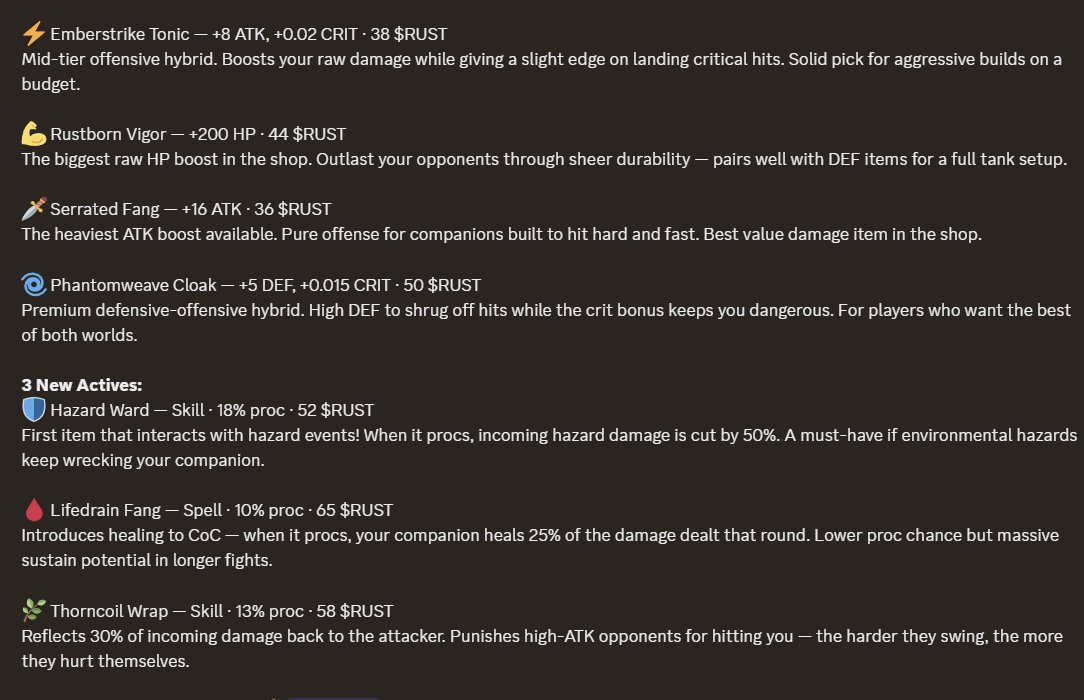 rustveilgame's tweet photo. ⚔️New CoC Shop Items!

🛡️5 New Passives:
Voidshell Mantle — +3 DEF, +80 HP · 45 $RUST A budget-friendly defensive hybrid. Adds bulk and damage reduction — great for companions that need to survive longer without breaking the bank. https://t.co/6TeLUJcvZW