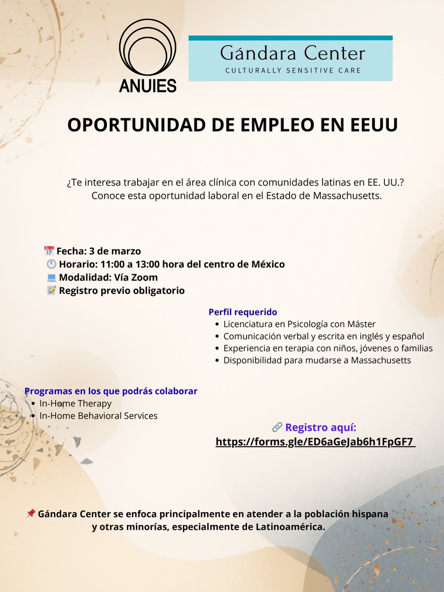 💚💙#EgresadoUV la ANUIES, en colaboración con Gándara Center, te invita a participar en una sesión informativa virtual sobre una oportunidad de empleo en el Estado de Massachusetts, Estados Unidos,
🔗 Registro previo obligatorio aquí: forms.gle/ED6aGeJab6h1Fp…