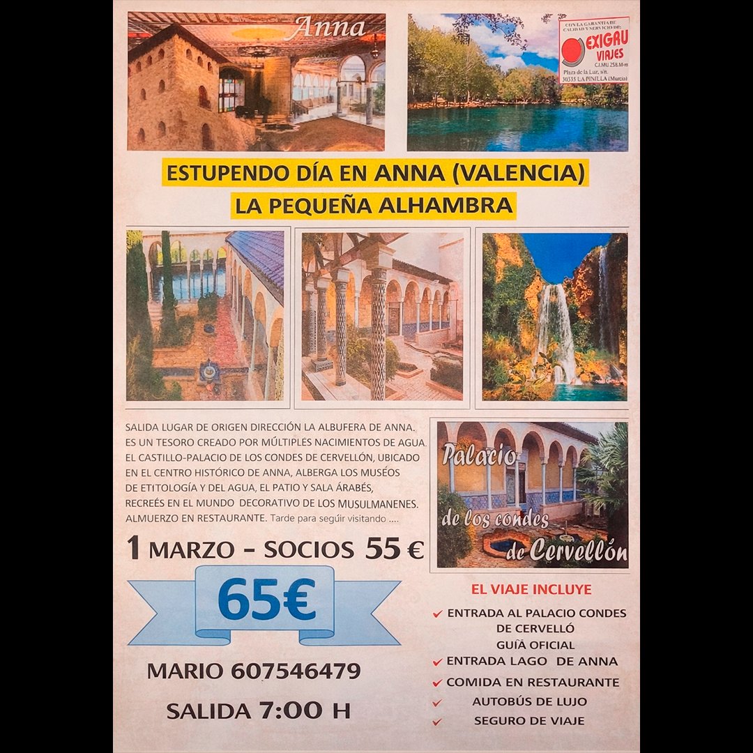 avvpsa's tweet photo. 🏰🌿 La A.VV. Los Dolores organiza viaje a Anna (Valencia) el 1 de marzo
🕌 Palacio Condes de Cervellón
 🌊 Lago de Anna
 🍽️ Comida + 🚌 Autobús + 🛡️ Seguro
💶 65€ | Socios 55€
 🕖 Salida 7:00h
 📞 607 546 479
⚠️ ¡ÚLTIMAS PLAZAS DISPONIBLES!
#AVVLosDolores #AVVPolígonoSantaAna https://t.co/zD2qoXt8EY
