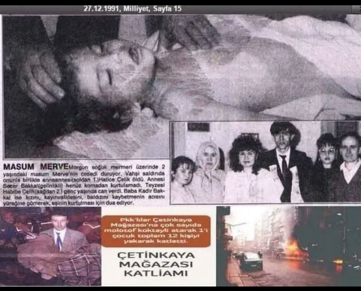 <a href="/canarsuzu_06/">Arzuuu</a> <a href="/sariabi61/">Sari Abi 𐰽𐰀𐰼𐰃 𐰀𐰋𐰃</a> O olayda ölen Merve bebek, annesi, teyzesi ve anneannesi aile dostumuz, Sezer abla ablamın çocukluk arkadaşıydı. Ablamın adını bebeğine koymuştu. Biz o olayın etkisinden hiç çıkamadık. Şimdi bu twitle karşılaşınca kendimi nasıl kötü hissettim bilemezsiniz.. Bu şerefsiz soysuz pkk