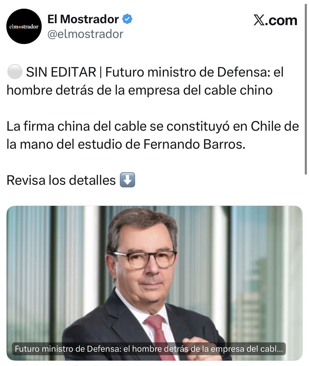 La empresa china que quiere hacer el cable se registró en el bufete fundado por quien será ministro de Defensa de Kast.

No es cualquier cargo. Es Defensa.

Ese ministro tendrá acceso a informes de inteligencia para definir si ese mismo cable es o no una amenaza para Chile.