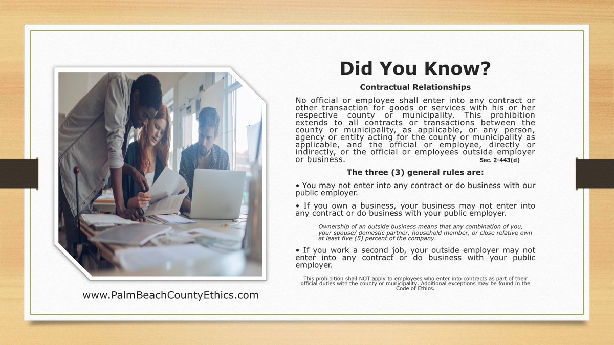 PBCCOE's tweet photo. The new year is a great time for new opportunities for county employees. Ask First, Act Later: The Commission on Ethics can help you understand contracts you might have in your private capacity that may conflict with your public duties. Learn more: https://t.co/PxuHvjDWE6 https://t.co/GYskRIAL1J