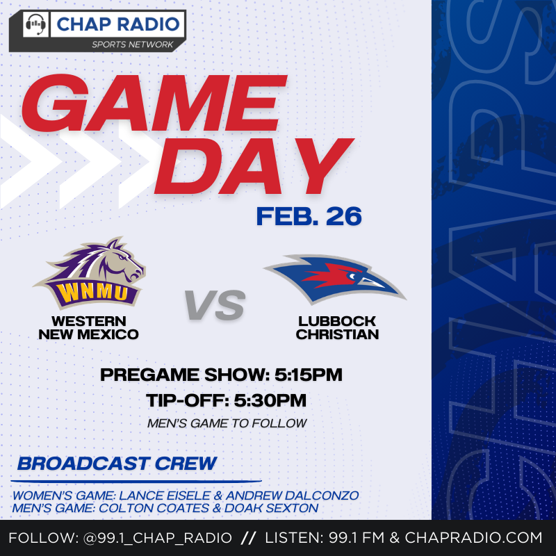 LCU_Chap_Radio's tweet photo. Lone Star Conference double-header tonight! Lady Chaps tip off at 5:30 PM, followed by the men at 7:30 PM. Catch every play live on Chap Radio 99.1 FM. https://t.co/nmlREUZSWi