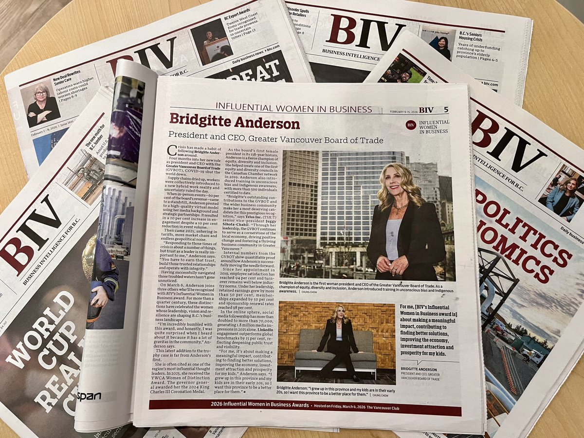 BoardofTrade's tweet photo. We are excited to share that our Pres & CEO Bridgitte Anderson has been featured in @BIVnews!
As a recipient of BIV's 2026 Influential Women in Business Award, Bridgitte reflects on how she has guided GVBOT through unprecedent chaos.
🔗 https://t.co/wfGaFocBUR
#BIV #gvbot https://t.co/uO7APvV7RV