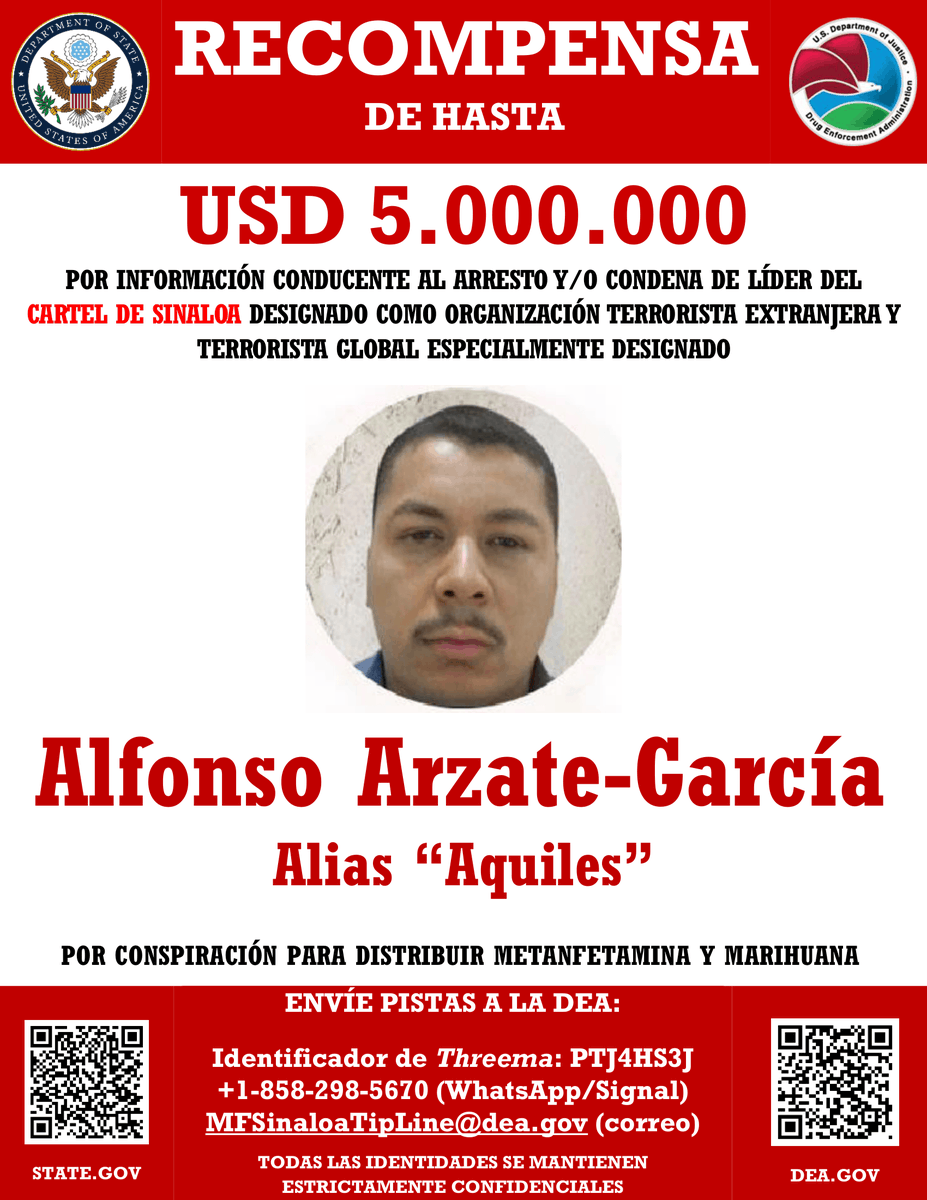 Ayúdenos a capturar a dos de los operadores más conocidos del Cartel de Sinaloa. Ofrecemos hasta $10 millones de dólares en recompensa por información conducente al arresto y/o condena de los jefes de la Plaza de Tijuana, René y Alfonso Arzate-García. state.gov/releases/offic…