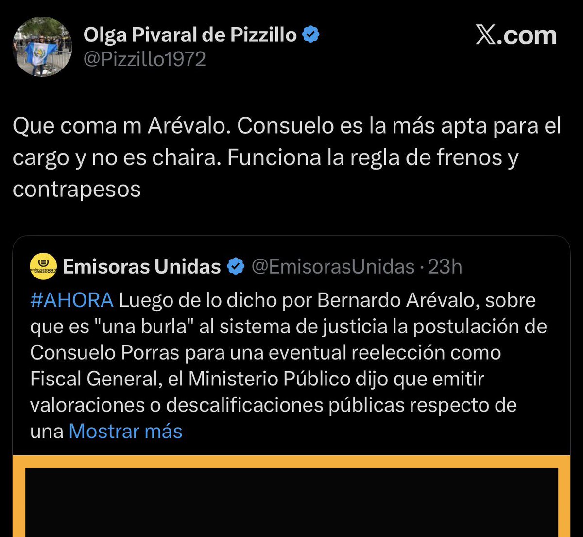 Imagina esta lógica con respecto a Consuelo Porras:

— Q/importa q/haya plagiado su tesis
— Q/importa q/un juzgado obligara a incluirla en la terna final la última vez
— Q/importa q/su gestión se dedique a archivar casos p/inflar estadísticas
— Q/importa q/haya politizado al MP