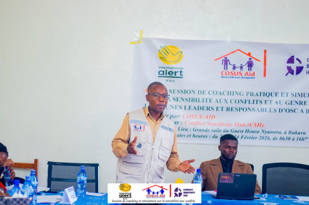 COSUSAid's tweet photo. Bukavu, du 23 au 24/02/2026, #COSUS_AID a organisé une session de coaching et simulation en Sensibilité aux conflits et au genre à l'intention des responsables des OSC des Jeunes. Cette session était appuyée par le #CSH (Conflict Sensitivity Hub) à travers International Alert https://t.co/B5qwZ5SAQV