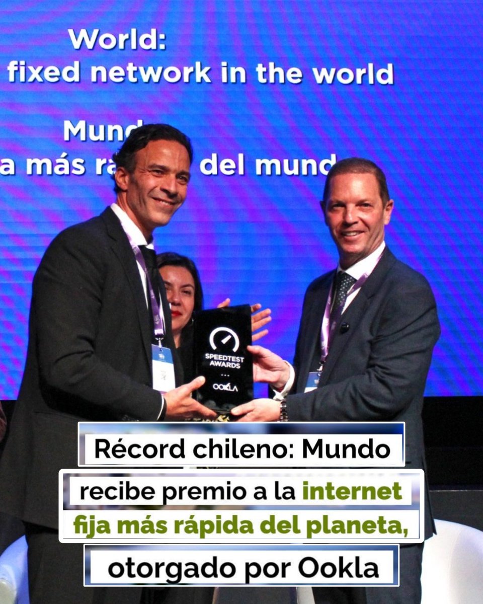 cuartavisionmas's tweet photo. 🔵🇨🇱🏆 Lo que hasta el año pasado era un liderazgo regional, hoy se transformó en un hito global: la empresa chilena Mundo Telecomunicaciones fue distinguida por Ookla  la firma detrás de Speedtest  como la red fija más rápida del planeta, según los Speedtest Awards. https://t.co/B6vUT2GiLq