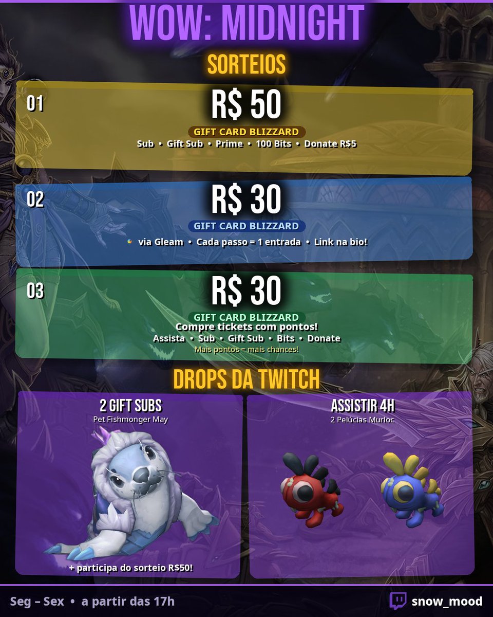 snowmood_live's tweet photo. Midnight com 3 sorteios de Gift Card Blizzard!  
💛 R$50 → apoie a live 
💙 R$30 → via Gleam https://t.co/xAaA98bg9f 
💚 R$30 → tickets com pontos  
Resultado: final de março 🗓️ 
📺 https://t.co/BaMcUANqEw  
#WoWMidnight #Sorteio #Blizzard https://t.co/Xczls9VghE