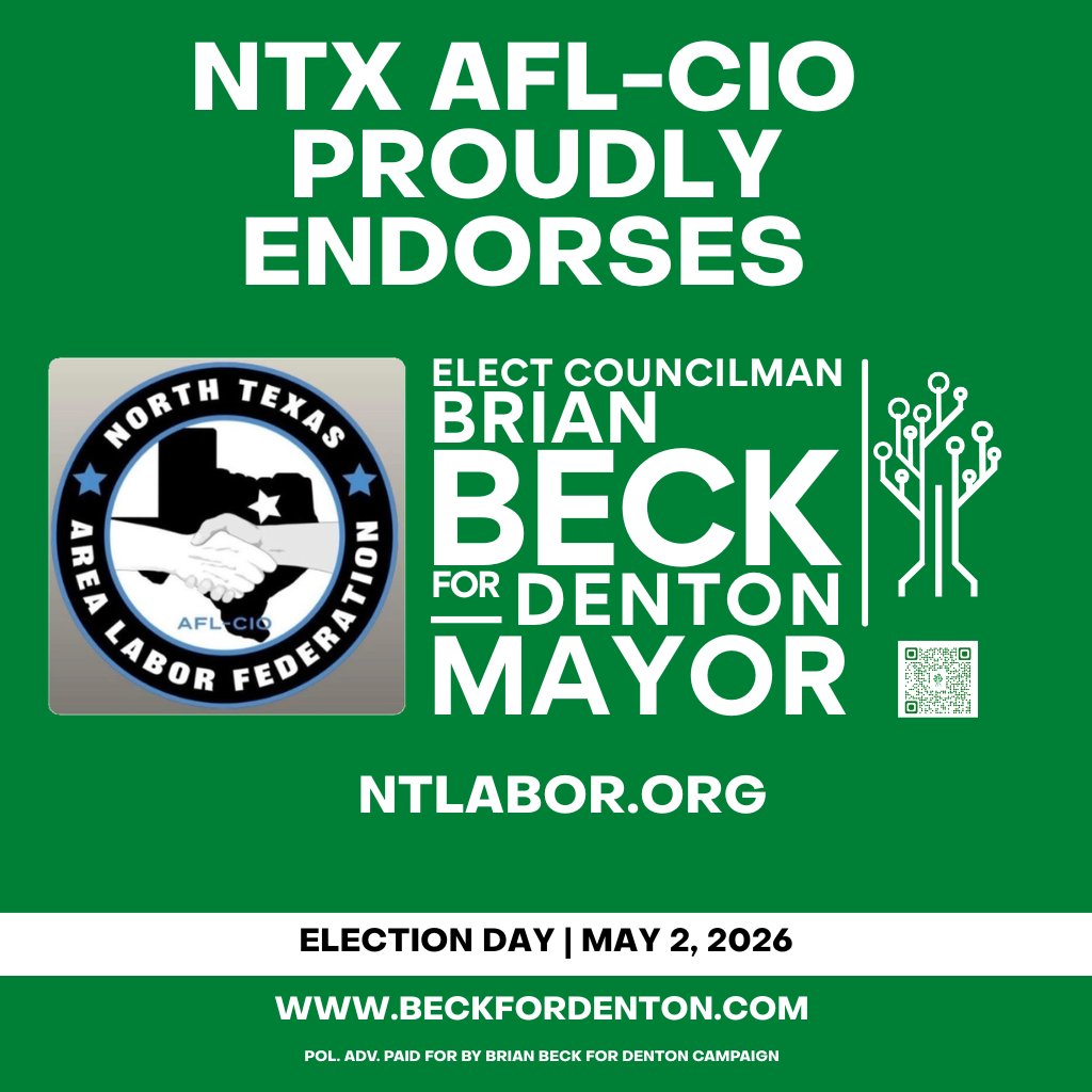 I’m honored to be endorsed by the North Texas AFL-CIO. Working people built Denton - and working people deserve leaders who show up, listen, and deliver. I’ll keep fighting for fair wages, safe conditions, and respect on the job. Solidarity isn’t a slogan. It’s a commitment.