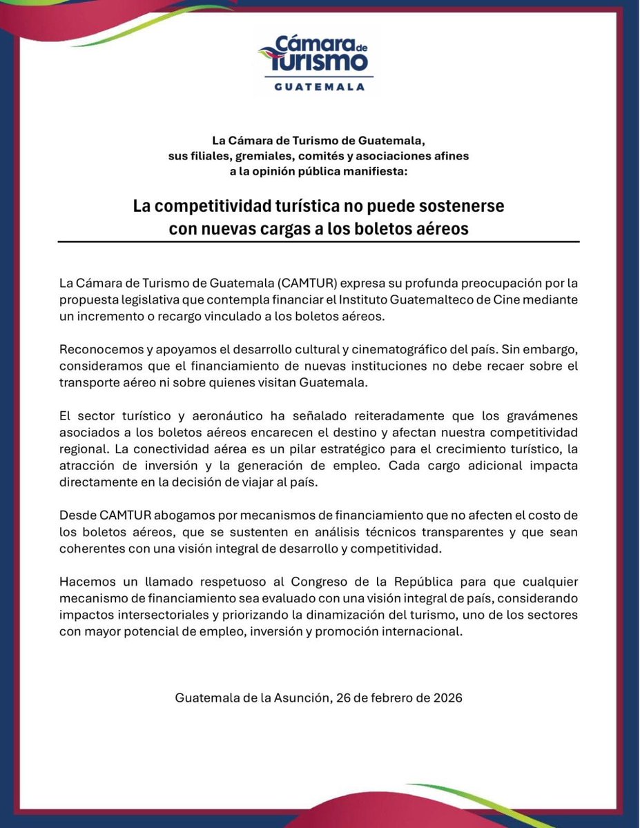 ✈️📉 La Cámara de Turismo de Guatemala manifestó su rechazo a una iniciativa de ley que propone gravar los boletos aéreos para financiar el Instituto Guatemalteco de Cine, al considerar que la medida afectaría la competitividad del país como destino turístico.

El sector advierte