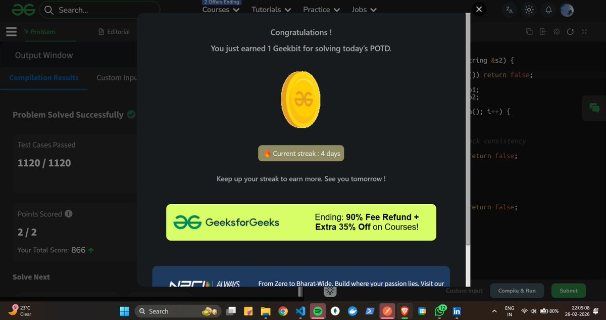 SamantaSuvamoy's tweet photo. Day <04> of the NPCI GeekStreak 60 Challenge 🚀

#GeeksforGeeks #POTD #geekstreak60 #npci #codingproblems https://t.co/4bydvMV2FK