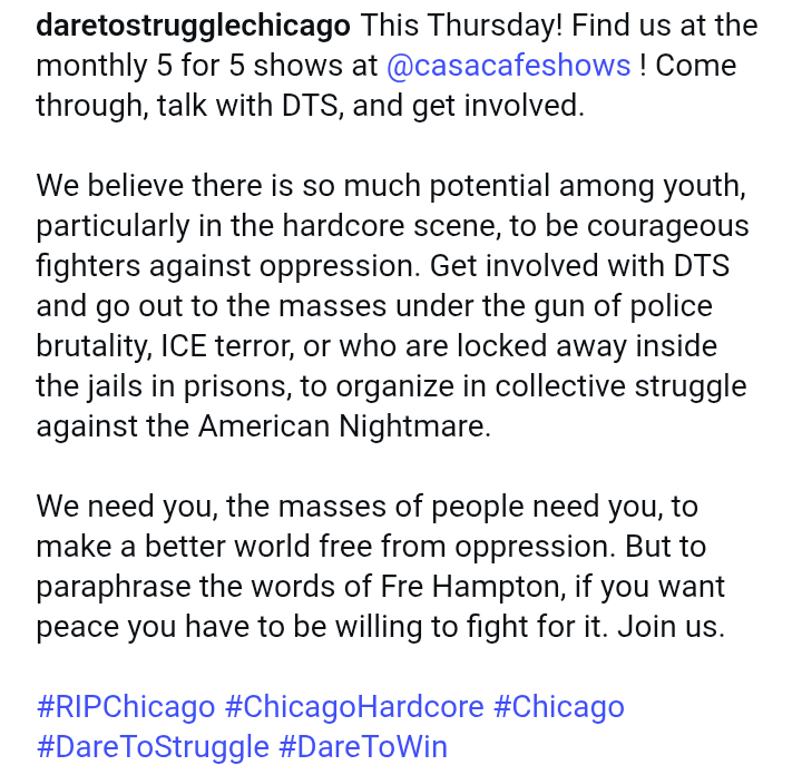 abolitionistjoh's tweet photo. Dare To Struggle Chicago
This Thursday! Find us at the monthly 5 for 5 shows at @casacafeshows ! Come through, talk with DTS, and get involved.
#DEFUNDfacebook https://t.co/CkMPSaIEil