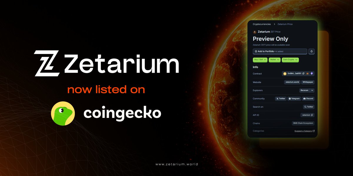Zetarium is now listed on <a href="/coingecko/">CoinGecko</a>

Thanks to our amazing community, we’re growing stronger every single day 💪

Don’t forget to visit our page on CoinGecko and leave a ⭐️ to show your support! 

🌐 coingecko.com/en/coins/zetar…

Together we rise 💚💛