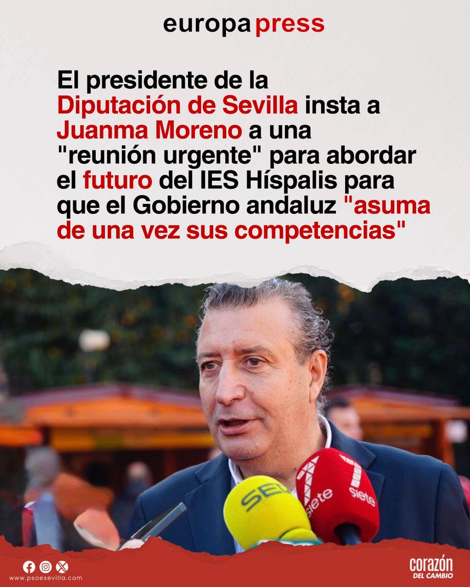 📢El Gobierno de Moreno Bonilla (PP) debe asumir sus competencias en materia educativa y dar explicaciones sobre el Hispalis.

La Diputación de Sevilla ha solicitado una reunión urgente para abordar el futuro de este centro público y garantizar soluciones.

Porque los socialistas