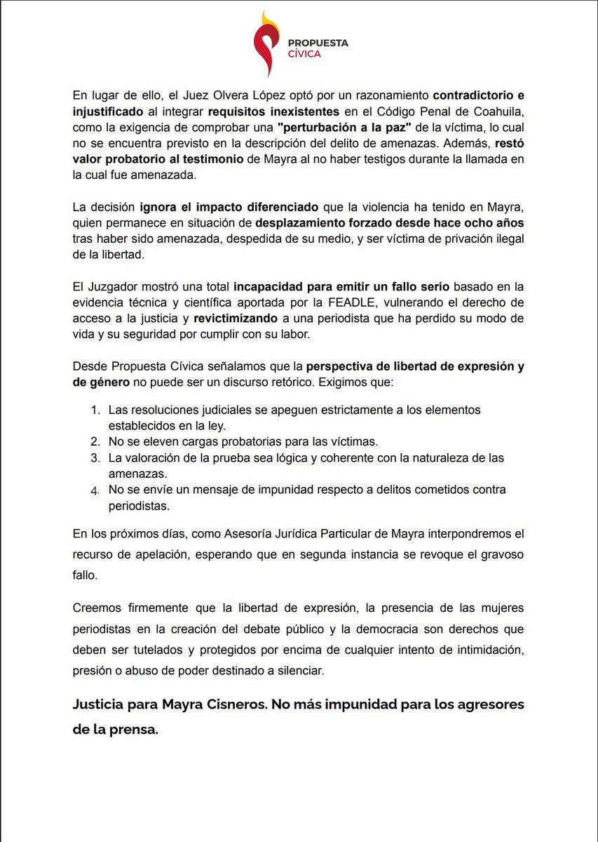 ⚠️PC interpondrá el recurso de apelación contra la sentencia que absuelve al exalcalde del <a href="/PRI_Nacional/">PRI</a> Florencio Siller, de las amenazas a la periodista Mayra Cisneros.

Justicia para Mayra. No más impunidad para los agresores de la prensa‼️