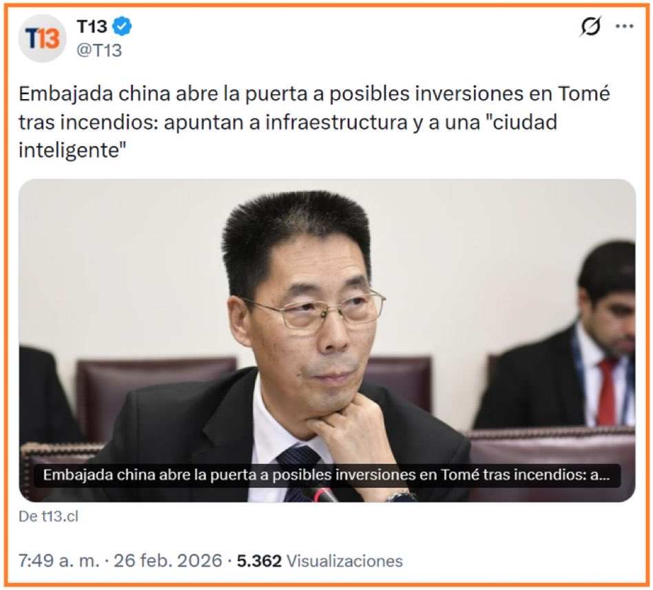 China no busca reconstruir Tomé: busca instalar una cabeza de playa política dentro de Chile para incomodar a Estados Unidos.
Incendios, inversión y “ciudad inteligente”: la catástrofe como excusa para colonizar con contratos.