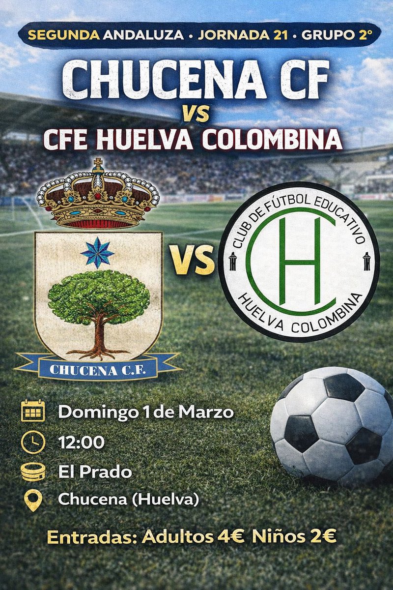 Horario de la 21º Jornada en Segunda Andaluza Huelva Grupo 2°: 
⚽️ Chucena c f 🆚 #CFEHuelvaColombina 
📅 Domingo 1 de Marzo  
⏰ 12:00
🏟 El Prado  
🛣 Chucena (Huelva)
🎫 Adulto 4€ Niños 2€