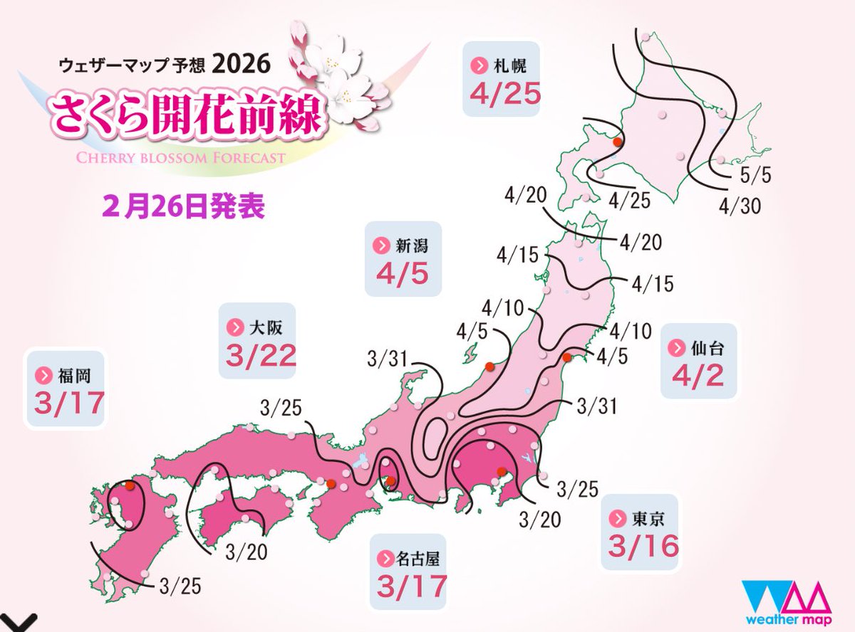 福岡が3月17日、東京が3月16日にSAKURA開花です🌸

#宮脇咲良生誕祭2026
#2026_Happy_Sakura_Day
#LE_SSERAFIM
#宮脇咲良
#SAKURA

ウェザーマップ「さくら開花予想」 sakura.weathermap.jp #wm_sakura <a href="/wm_sakura/">ウェザーマップ さくらチーム</a>より