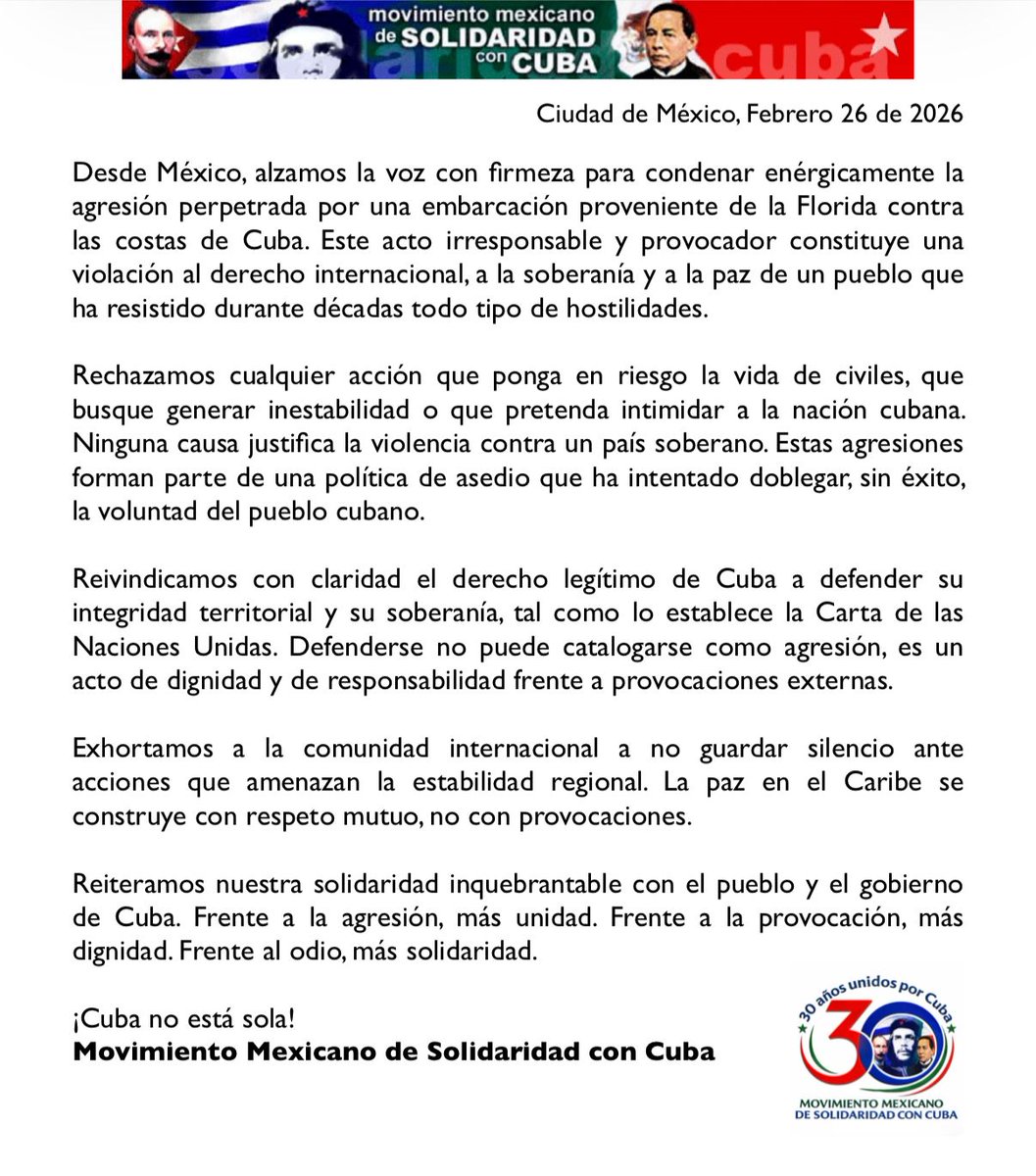 _mmsc's tweet photo. 🇨🇺🇲🇽 Pronunciamiento del Movimiento Mexicano de Solidaridad con Cuba condenando la agresión de embarcación de la Florida contra vistas cubanas 

#CubaNoEstáSola 

@EmbaCuMex https://t.co/U3QrPKzVmq