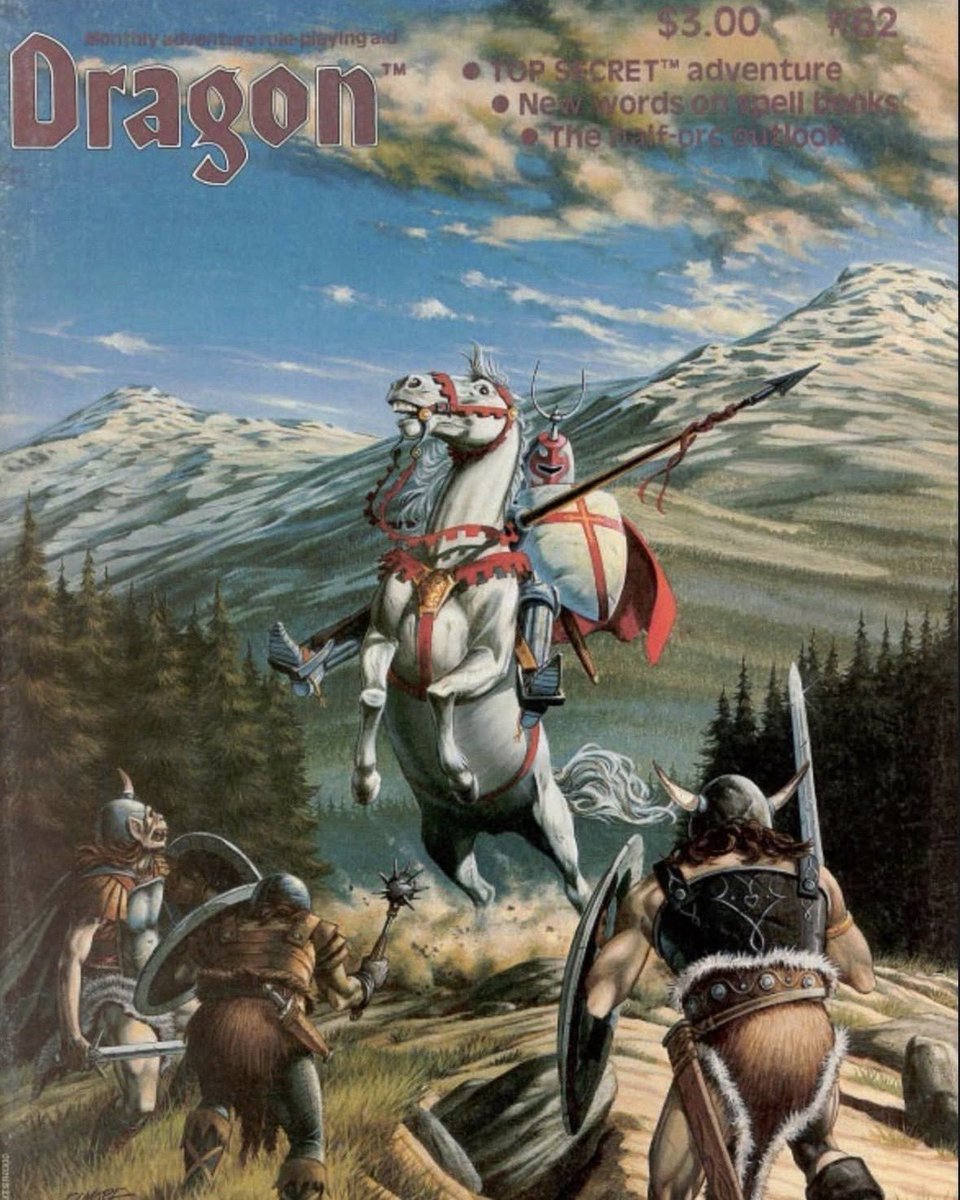 Dragon Magazine, issue 62, features incredible cover art by Larry Elmore, lots dragon stuff, spell books, the Scribe NPC, and a two-page Wormy. This cover is everything I love about Elmore in one scene