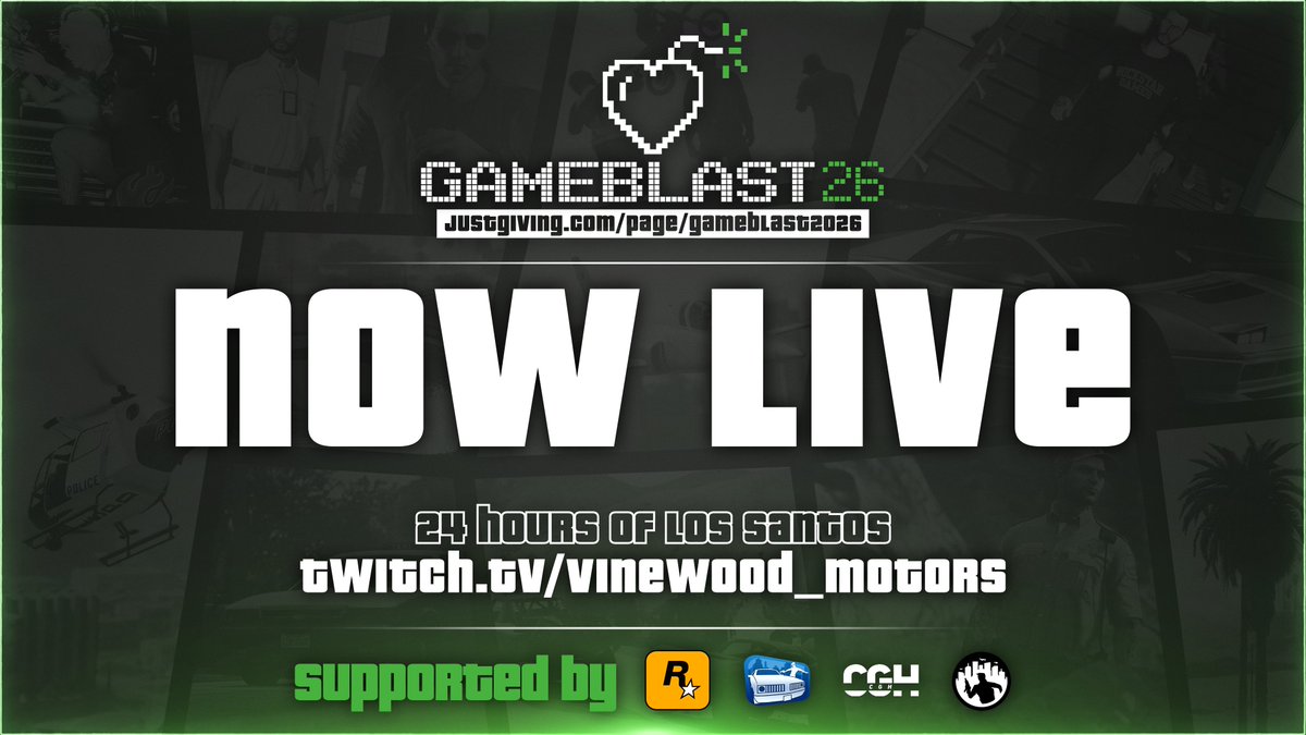 The 24-hour stream has now started. Come tune in and support us! 

Live: Twitch.tv/vinewood_motors

Donate: Justgiving.com/page/gameblast…