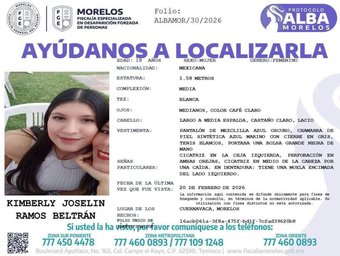 Kimberly, estudiante de la Facultad de Contaduría, Administración e Informática de la UAEM, fue vista por última vez el viernes 20 de febrero.