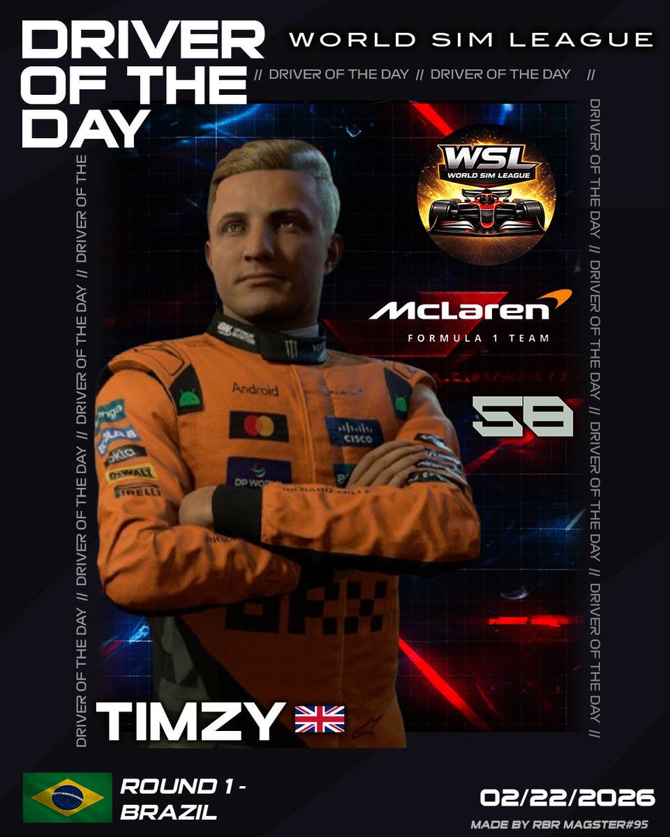 WSL_F1's tweet photo. Congrats to McLaren Driver Timzy for getting Driver of The Day in Round 1! #F125 #F1League #SimRacing #Crossplay #CleanRacing #F1Esports https://t.co/cZHIhh0bg1