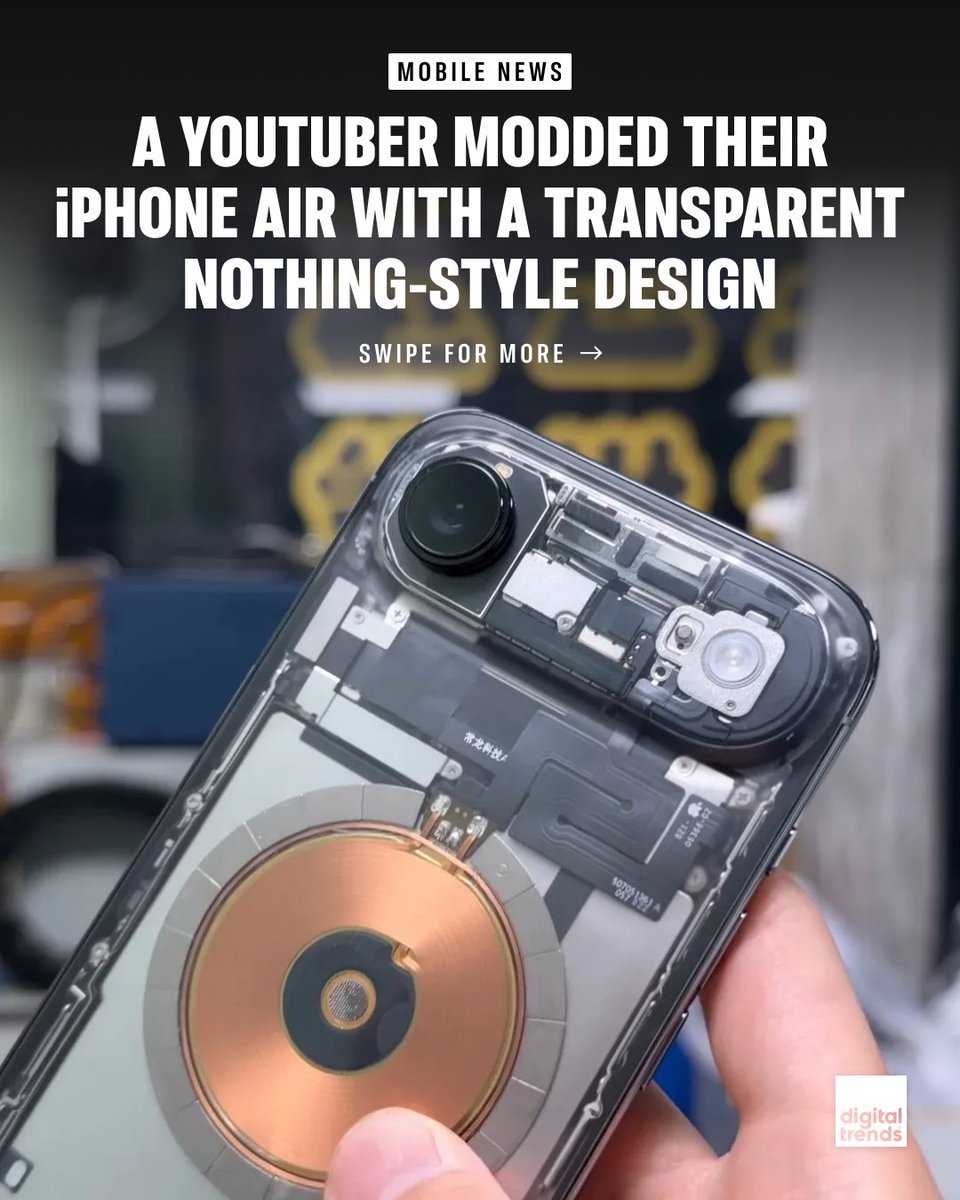 DigitalTrends's tweet photo. At Huaqiangbei market in Taiwan YouTuber Linzin Tech transformed his iPhone Air with a transparent, Nothing-style back and a custom SIM card slot.
Media: Linzin / YouTube
#apple #iPhone #transparenttech https://t.co/j1aRvetz8W