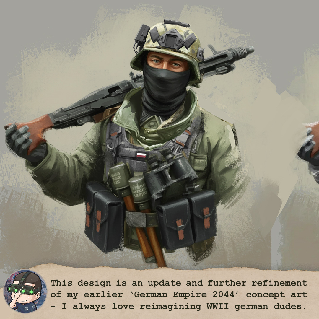 What if World War II happened in the 21st century? 'World of WW2044: The Panzergrenadiers' . More info kaisercatcinema.com/s/about-ww2044 #concept #art #kaiserreich #scifi #althistory