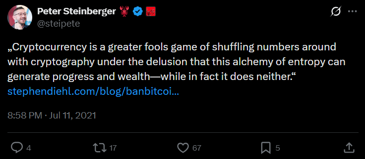 cryptohatelog's tweet photo. OpenClaw guy was always anti-crypto. Formed his opinion from the usual suspects. https://t.co/PEhHV59FOy
