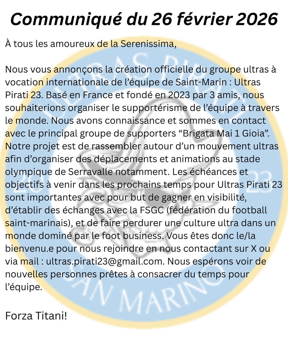 ultraspirati23's tweet photo. News Ultras Pirati 23 🤍💙 #UltrasPirati23 #Ultras
#UltrasCulture #Supporters #Tribune #FanMovement #InternationalFootball #FootballPassion #MatchDay #AwayDays #Groundhopping #RejoignezNous #SupportersRecherche #FanGroup #FootballFans #JoinUs https://t.co/HFZKGpm9DC