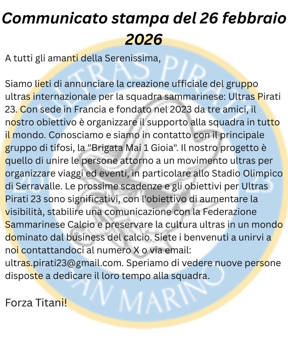 ultraspirati23's tweet photo. News Ultras Pirati 23 🤍💙 #UltrasPirati23 #Ultras
#UltrasCulture #Supporters #Tribune #FanMovement #InternationalFootball #FootballPassion #MatchDay #AwayDays #Groundhopping #RejoignezNous #SupportersRecherche #FanGroup #FootballFans #JoinUs https://t.co/HFZKGpm9DC