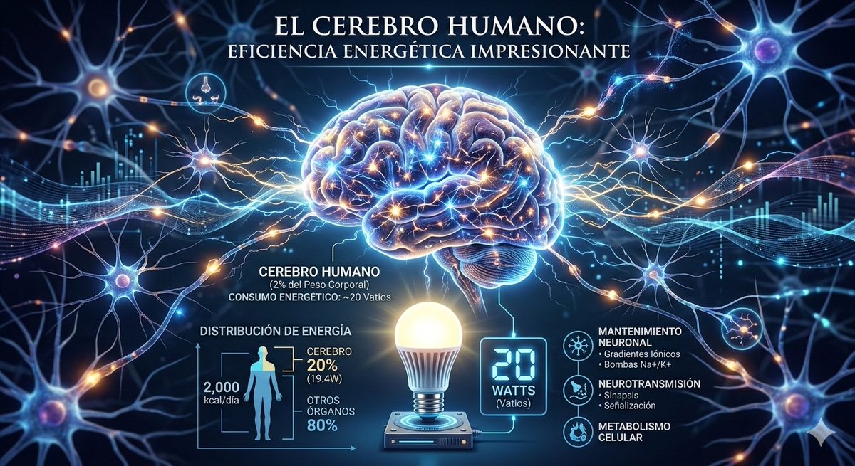 lcm69e's tweet photo. Eficiencia energética del cerebro humano:
Aunque el cerebro humano representa apenas el 2% del peso corporal total, consume aproximadamente el 20% de la energía del organismo.
En términos de potencia, esto se traduce efectivamente en un rango de entre 20 y 25 vatios (W). https://t.co/QXsNvlxAom