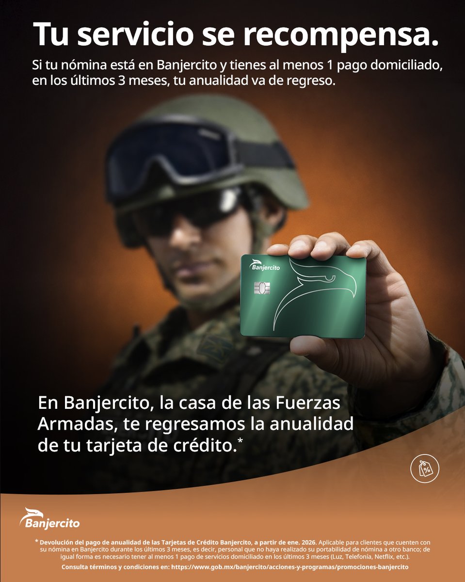 BanjercitoSNC's tweet image. En Banjercito, la casa de las Fuerzas Armadas, tu compromiso tiene recompensa: Si tu nómina está con nosotros, te regresamos la anualidad de tu Tarjeta de Crédito. 💳✨

Más información 👉 goo.su/O4FGS   

#ElijoBanjercito #TDC

@Defensamx1
@SEMAR_mx
@GN_MEXICO_