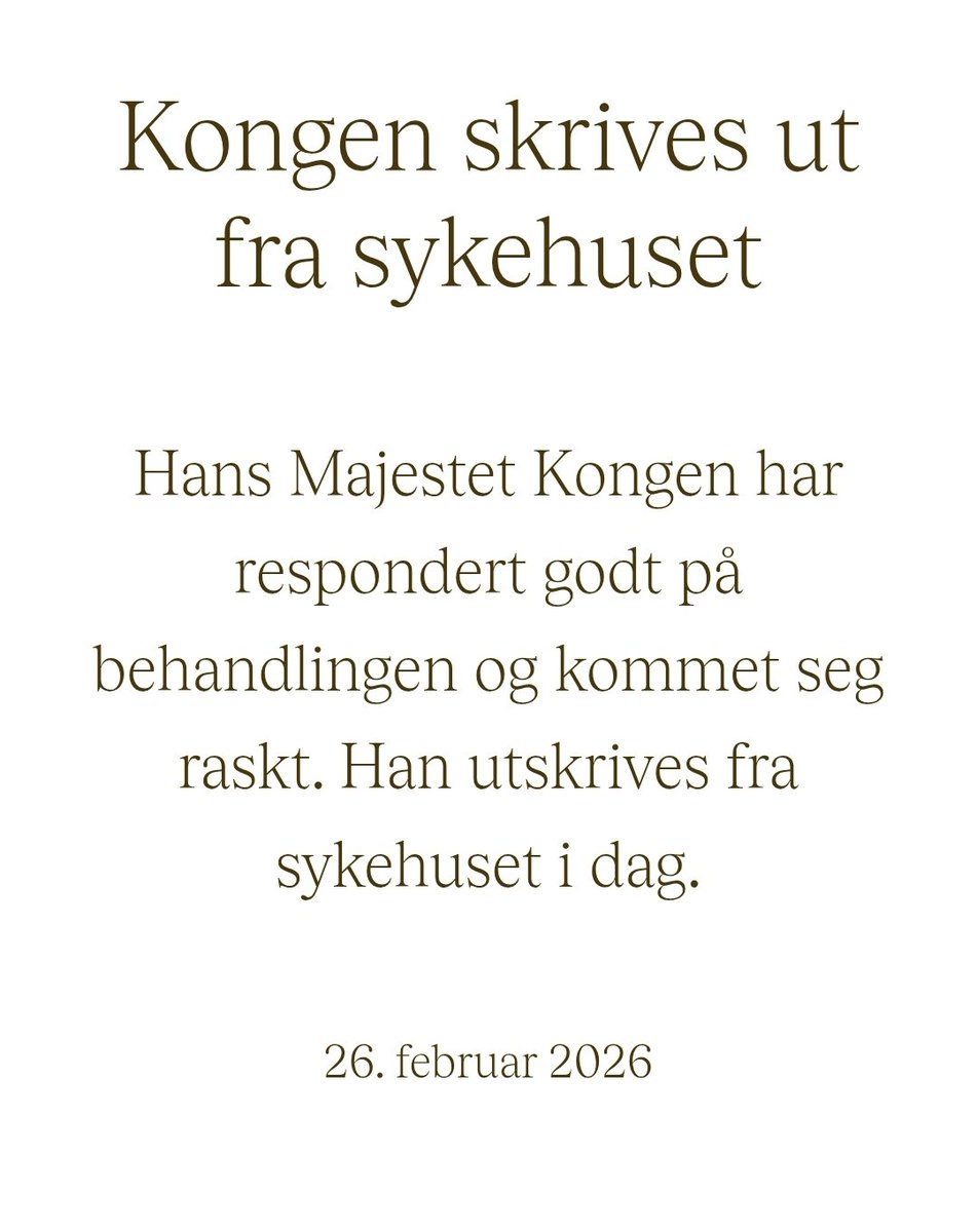 La recuperación del rey Harold V devuelve la calma a la familia real noruega 🇳🇴 

El palacio ha confirmado que el rey Harald V, de 89 años, recibió el alta tras ser ingresado en el Hospital Universitario Hospiten Sur por una infección cutánea y deshidratación durante su estancia