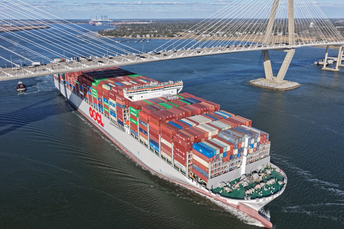SCPorts's tweet photo. A little more than a year after the 16,828 TEU OOCL Iris became the largest vessel to ever call the Port of Charleston, her sister vessel the OOCL Lavender made her maiden call to Charleston.

The Lavender joins the South Atlantic Express Service, with Charleston serving as the last port of call for quick exports to Asia.

William Hahn with Inchcape Shipping presented the plaque to the ships captain (pictured).
