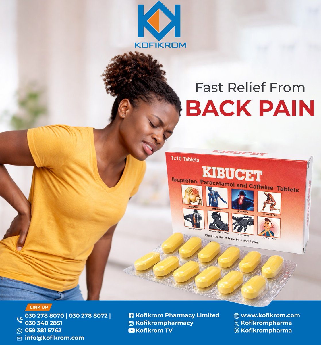 Kofikrompharma's tweet image. Back pain can slow you down — but relief doesn’t have to wait.
Kibucet provides fast, effective relief from back pain, helping you move, work and rest more comfortably.
Available at Kofikrom Pharmacy. ✔️
#KofikromPharmacy #Kibucet #BackPainRelief #PainRelief #TrustedCare #Health