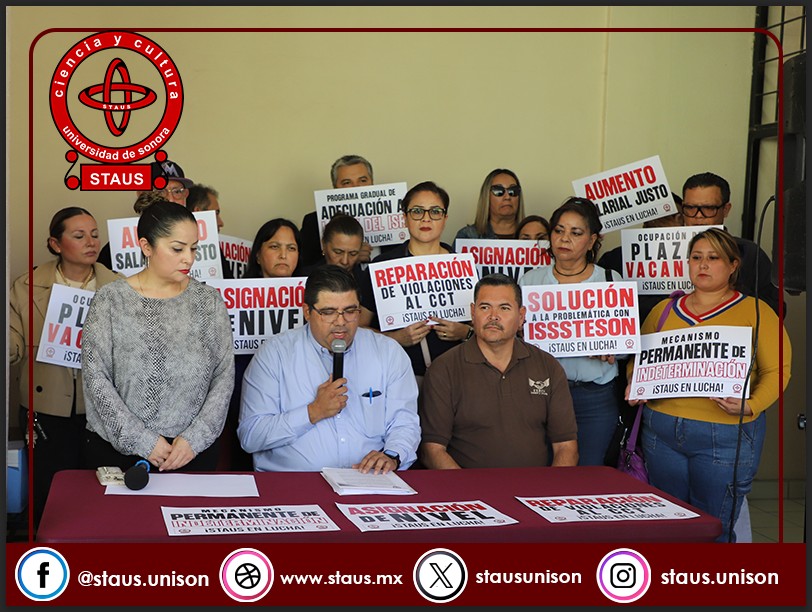 stausunison's tweet image. El #STAUS realizó mitin y rueda de prensa en el edificio 9Q3 de la UNISON en la Sesión de H. Colegio Universitario 

Presentamos nuestro posicionamiento ante la propuesta de Rectoría de modificar el convenio de financiamiento 2026. ¡Agradecemos el respaldo del #STEUS y de toda la