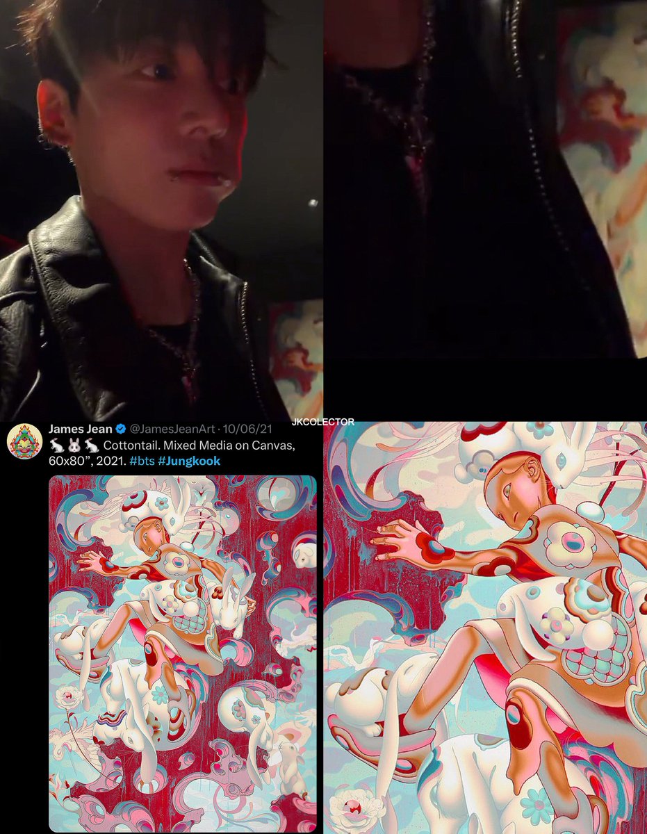 Jungkook has James Jean’s “Cottontail” artwork hanging in his home! 

The piece was specifically designed for him, with the artist portraying Jungkook as ‘Cottontail’ and was part of the James Jean x BTS exhibition 🐰♥︎
