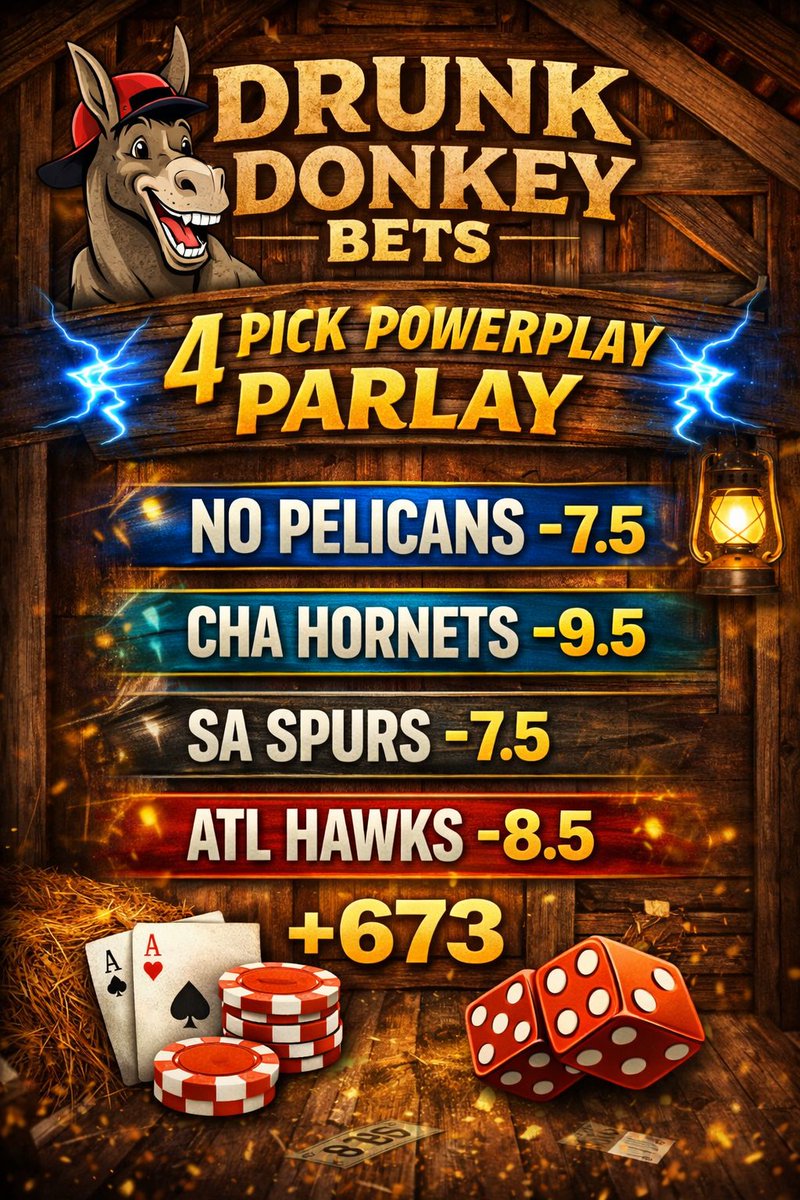 DDonkeyBetsOG's tweet photo. ⚡️🐴 POWERPLAY PARLAY 🐴⚡️
4 ALT SPREADS.
+673.
Pelicans -7.5
Hornets -9.5
Spurs -7.5
Hawks -8.5
We adjusted the numbers.
Built the payout.
Calculated aggression. 💰
Let’s see who’s riding.
#DrunkDonkeyBets #AltSpreads #NBAPicks #ParlayLife #GamblingTwitter #SportsBetting #nba https://t.co/NLaQ4w6san