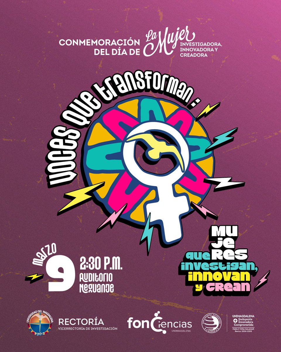 💜 Conmemoración Día de la Mujer: Investigadora, Innovadora y Creadora en <a href="/Unimagdalena/">Universidad del Magdalena</a>.
📅 9 de marzo.
🕝 2:30 p.m.
📍 Auditorio Neguanje
Celebramos a las mujeres que transforman con su conocimiento.
