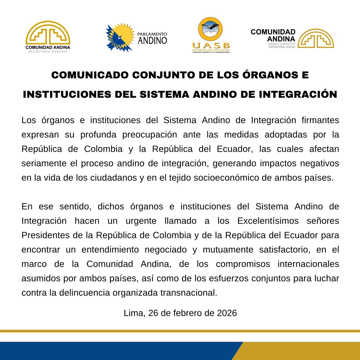 Comunicado Conjunto de los Órganos e Instituciones del Sistema Andino de Integración