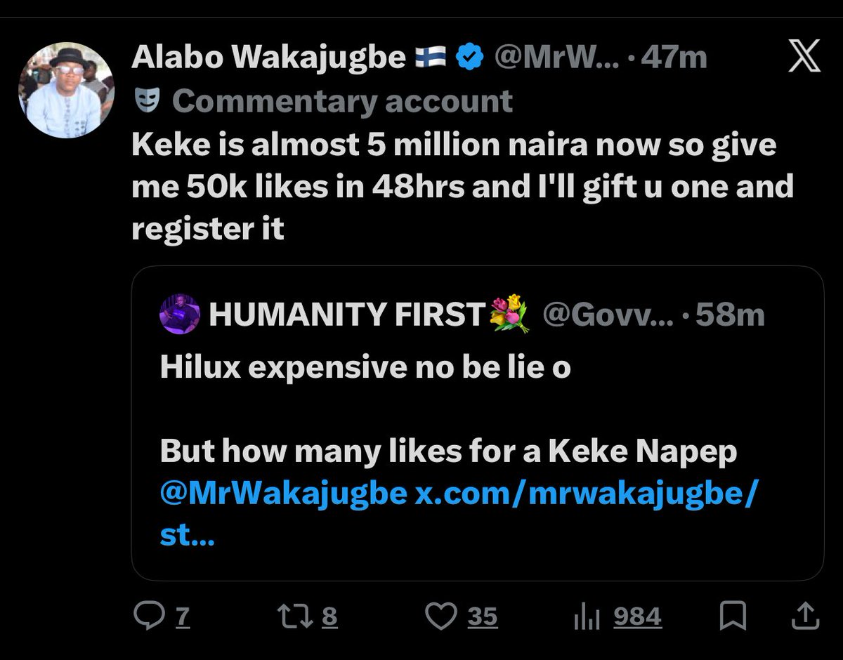 🚨48 HOURS CHALLENGE🚨

If this tweet gets 50,000 likes, I’m getting a brand new ₦5,000,000 Keke Napep — fully registered.

No raffle. No scam. Just pure engagement power.

If you see this on your TL, you’re part of the mission.

Like. RT. Comment “Keke Season” 🚦🔥

Let’s Go